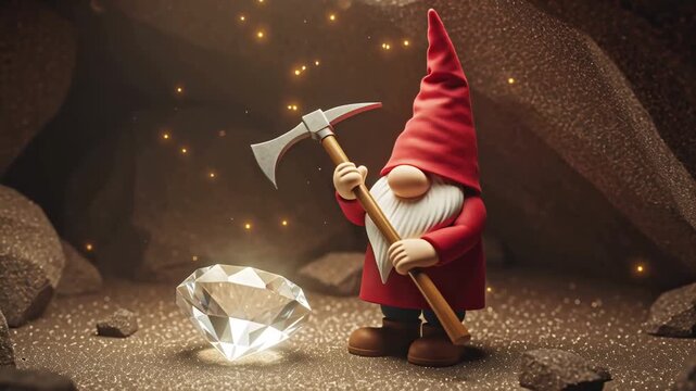 A cute cartoon gnome with a pickaxe and diamonds in a dungeon