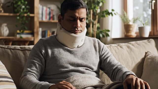 Man wearing white cervical collar sits sofa at home. He looks exhausted while recovering from neck injury. Useful for healthcare and pain management topics.