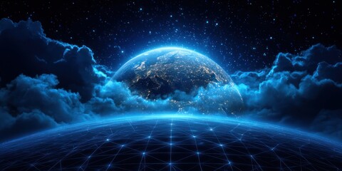 Fototapeta premium Glowing Blue Planet Earth Behind Clouds with Digital Network Grid Futuristic Global Connectivity and Financial Opportunity Borderless Opportunity Network