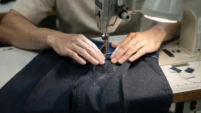 Medium shot of a worker threading full elastic into the waistband of sturdy boys work pants highlighting fabric texture and sewing machine details.