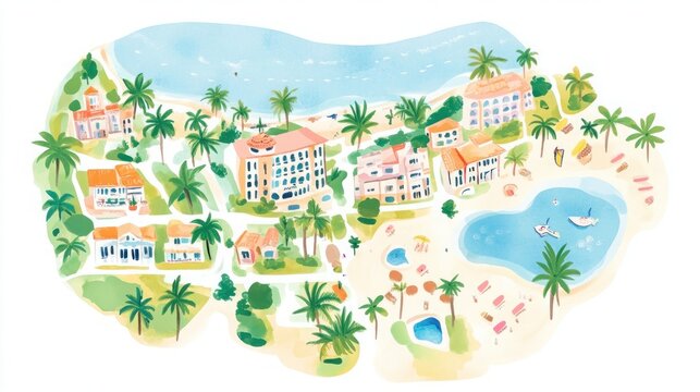 Colorful illustrated resort map with hotel beach and palm trees for travel guide and navigation
