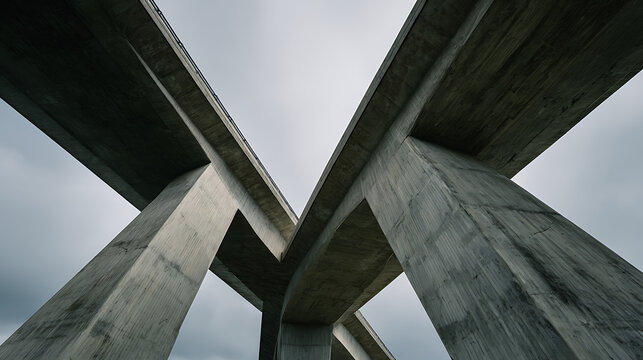 Massive Concrete Highway Overpass Architecture with Impressive Industrial Engineering and Sturdy Pillars Against an Overcast Sky for Urban Infrastructure Projects.