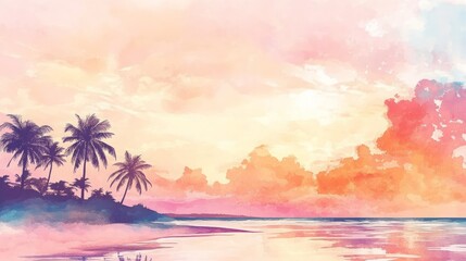 Fototapeta premium Sunset beach resort scene with palm trees and soft sky for romantic vacation background or poster