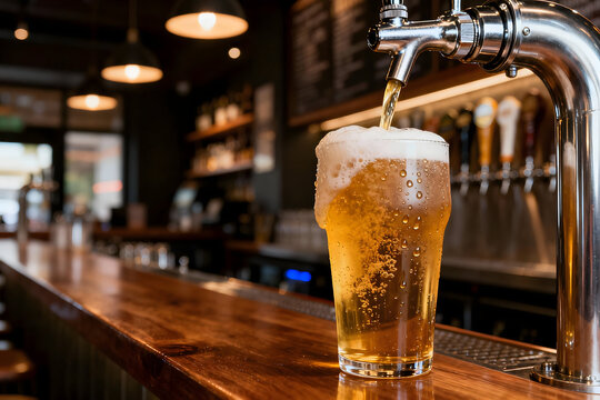 Golden Pour: A refreshing pint of craft beer is poured at a bar, the light cascading on a beautiful beer glass on the table.