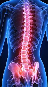 Medical animation of female spinal pain and glute pain with red inflammation flow highlighting affected lower back area