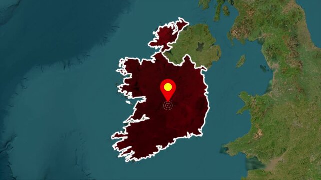 Ireland map highlighted animation video. Country location marked with glowing pinpoint on geographic terrain background