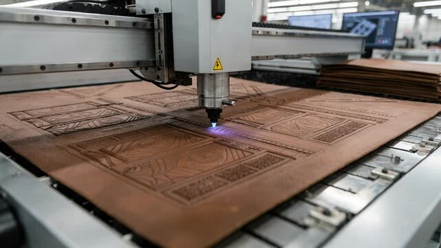 Medium shot of CNC machine carving precise leather patterns with automated nesting layouts optimizing material use in a modern manufacturing setting.
