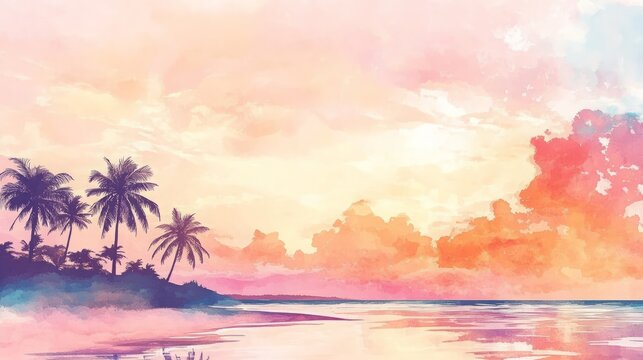 Sunset beach resort scene with palm trees and soft sky for romantic vacation background or poster