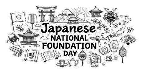 Japanese national foundation day celebration illustrations with cultural symbols