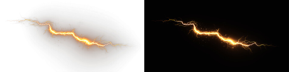 Sudden thunderbolt lights up the horizon, cracking through clouds. Electric energy surges wildly. Nature displays its unstoppable force. PNG overlay gold or yellow lightning © Alehandro