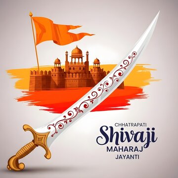 Traditional Maratha Sword, Saffron Flag & Fort Silhouette