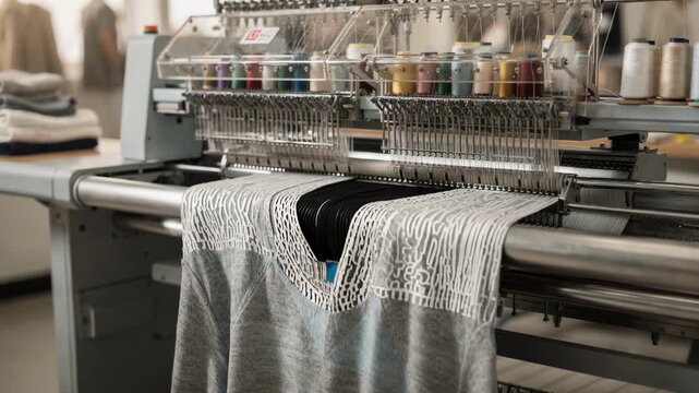 Medium shot of AIpowered knitting machine creating seamless casualwear patterns highlighting optimized yarn use and tailored drape for everyday comfort.