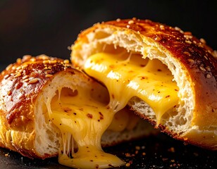 Melted cheese crescent. Buttery crescent pastry with hot, stretchy cheese spilling from a crisp, glossy crust, ideal for breakfast or a snack.