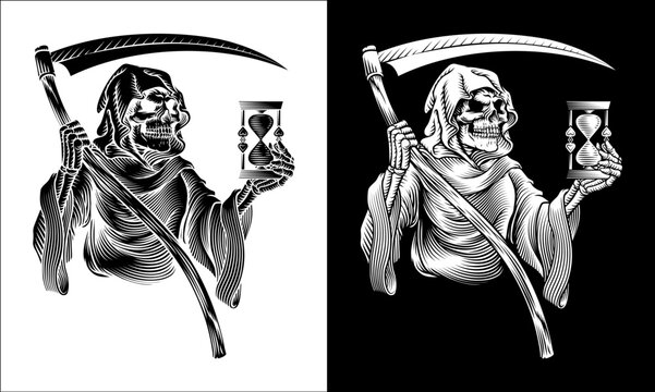 The grim reaper or death holding an hour glass and scythe in a vintage retro woodcut style