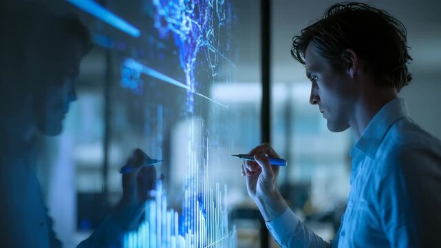A focused young professional analyzes digital data on a transparent interactive screen in a modern office at night. He uses a stylus to interact with futuristic analytics graphics