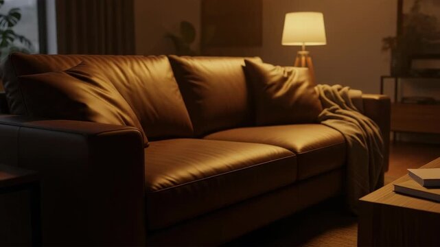 Leather sofa in living room with lamp and throw blanket
