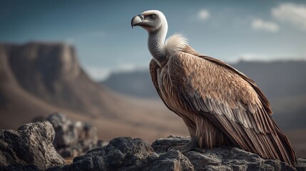 Fototapeta premium Majestic Griffon Vulture Perched on Rugged Rocky Mountain Outcrop Close Up