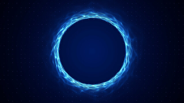 Glowing blue energy vortex composed of fractal dots, deep digital tunnel effect, abstract futuristic particle field, dynamic swirl motion, high tech luminous structure.