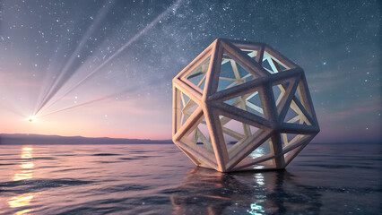 Floating geometric metal cube structure reflecting stars over calm ocean at twilight with soft glow