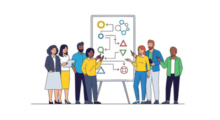 Diverse group of people standing around a whiteboard with colorful flowchart, vector illustration isolated on transparent background
