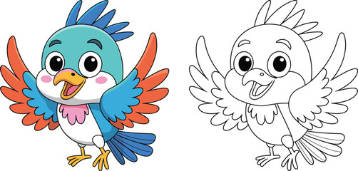 Obraz premium Cute, colorful, cartoon, bird, mascot, character, with, outline, coloring, page, style, flying, happy, bird, illustration, for, kids, education, branding, design