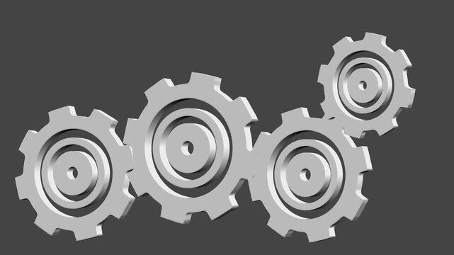 3D render of four interlocking silver metallic gear motion. Industrial background