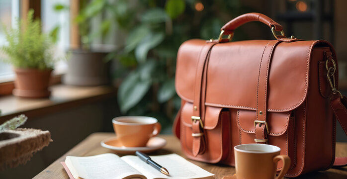 Brown leather satchel sits on wooden table near open book and teacup. Potted plants in window create cozy study atmosphere. This setup encourages learning and breaks.
