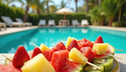 Fresh fruit skewers with watermelon pineapple strawberry kiwi sit by bright blue swimming pool. Sunny poolside resort setting offers refreshment and healthy summer treat.