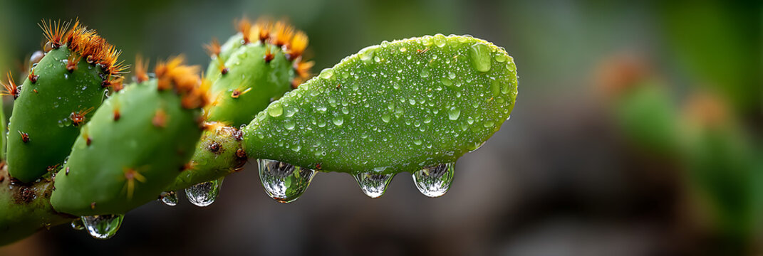 Macro shot of a prickly pear cactus pad covered in glistening water droplets after rain, showcasing its vibrant green texture and sharp spines.