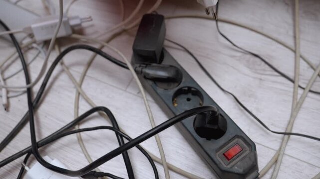Woman's hand plugging a white charger into an old, dusty, and overloaded power strip on the floor, surrounded by a messy tangle of black and white electrical cords and adapters