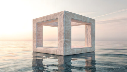 Surreal floating concrete cube over misty ocean at sunrise minimalist architecture abstract reflection
