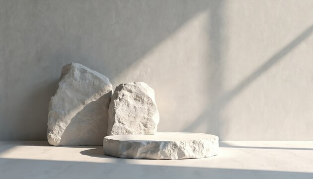 Minimalist scene with rough stone podium, rocks on light gray concrete wall background. Soft shadows from sunlight create natural, organic, spa ambiance. Stone platform suitable for product display,