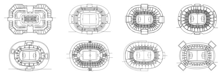 Minimalist continuous line drawing set of stadium aerial plans and sports arena layouts © Alicja