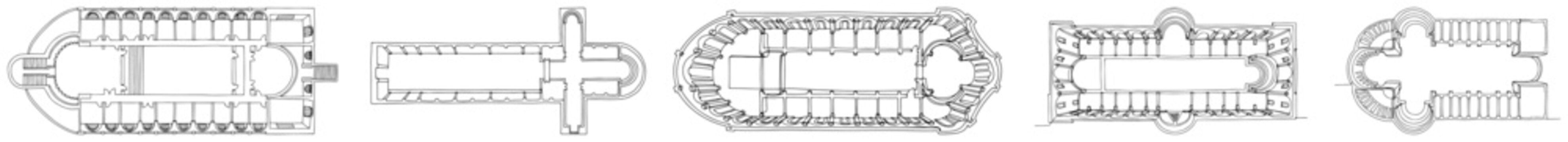 Collection of historic architectural floor plans for cathedrals and large buildings in minimalist line art