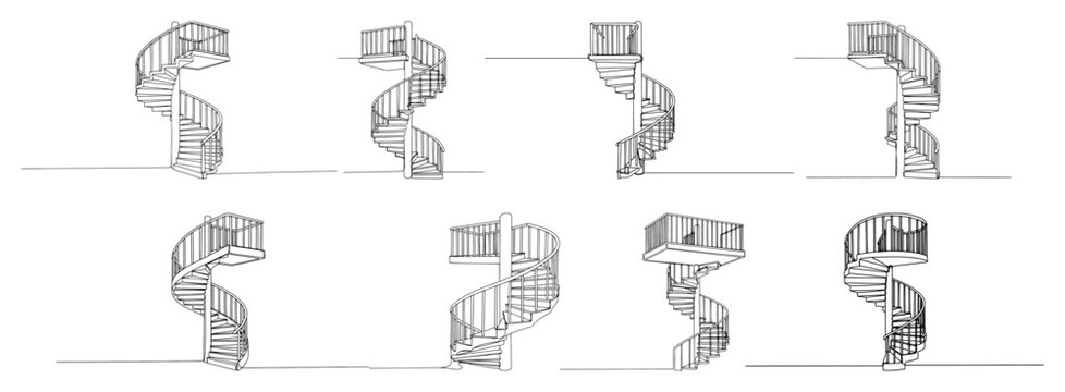 Collection of minimalist continuous line drawings featuring spiral staircase designs in perspective