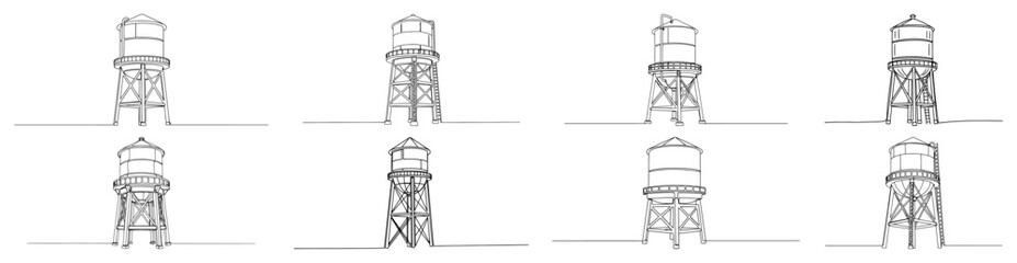 Collection of eight industrial water tower designs on steel stands in minimalist continuous line drawing style © Alicja