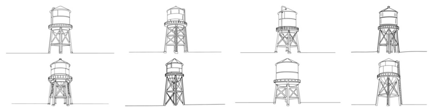 Collection of eight industrial water tower designs on steel stands in minimalist continuous line drawing style