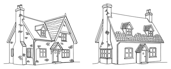 Fototapeta premium Two traditional cottage house designs with chimneys in minimalist continuous line art style