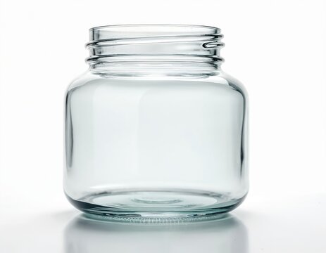 Clear glass jar stands open and empty. Transparent container has wide mouth for contents. Simple kitchenware object on white background, studio shot.