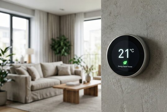 Wall mounted smart thermostat in modern living room displaying energy saving eco mode