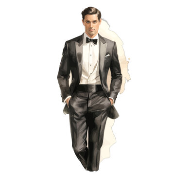 Elegant Groom in Classic Black Tuxedo with Bow Tie, Formal Men's Wedding Fashion Clipart, Sophisticated Watercolor Illustration of a Man in Black Tie Attire
