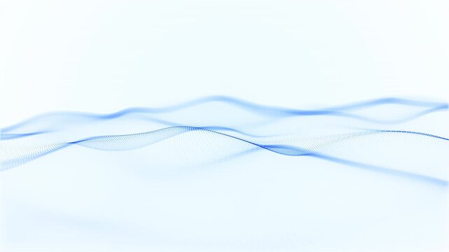 Smooth blue particle waves flowing across clean light background, minimal futuristic motion, soft digital landscape, abstract fluid energy, seamless loop animation, calm modern technology style.