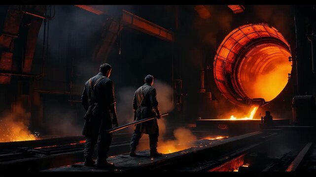 Two Employees Inspect Intense Orange Glow From Furnace And Sparks