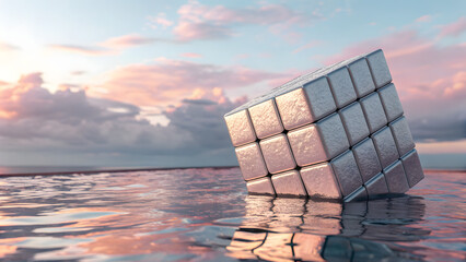 Floating 3D metallic cube reflection on serene lake at sunset with pink clouds and mountains backdrop