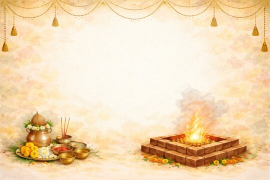 Traditional Indian Puja Invitation Background with Havan and Kalash