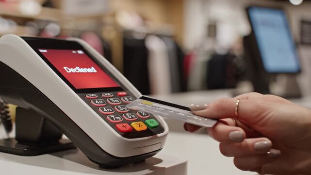 A person attempts to pay with a credit card but the transaction is declined on the terminal. Illustrates financial issues or technical errors. Useful for banking and retail content.