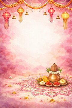 Upanayan Sanskar and Hindu wedding invitation background with kalash