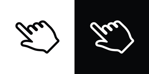 Obraz premium Human hand finger pointing up or clicking. Simple black and white line icons. Touchscreen gesture, direction indicator, or selection symbol for app and website UI design.