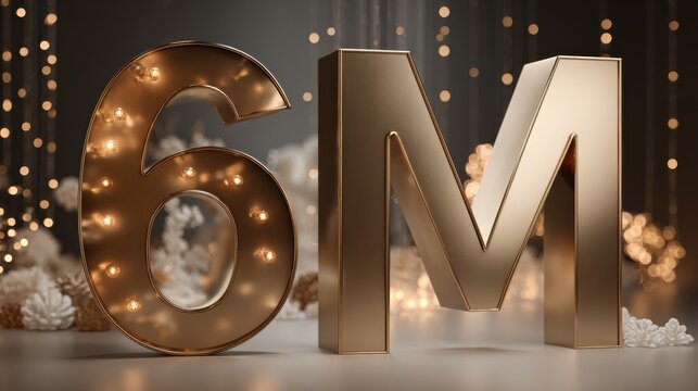 Milestone Celebration With Shiny Gold 6M Display in a Dark Studio Setting With Soft Bokeh