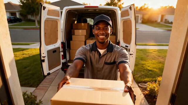 Package Delivery Person In Sunset Enhances Friendly Service Appearance